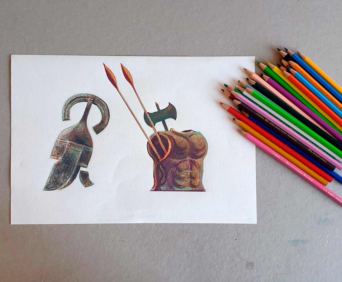 Talos, el autómata gigante de bronce guardián de la isla de Creta según la Mitología griega. Dibujos preparatorios.