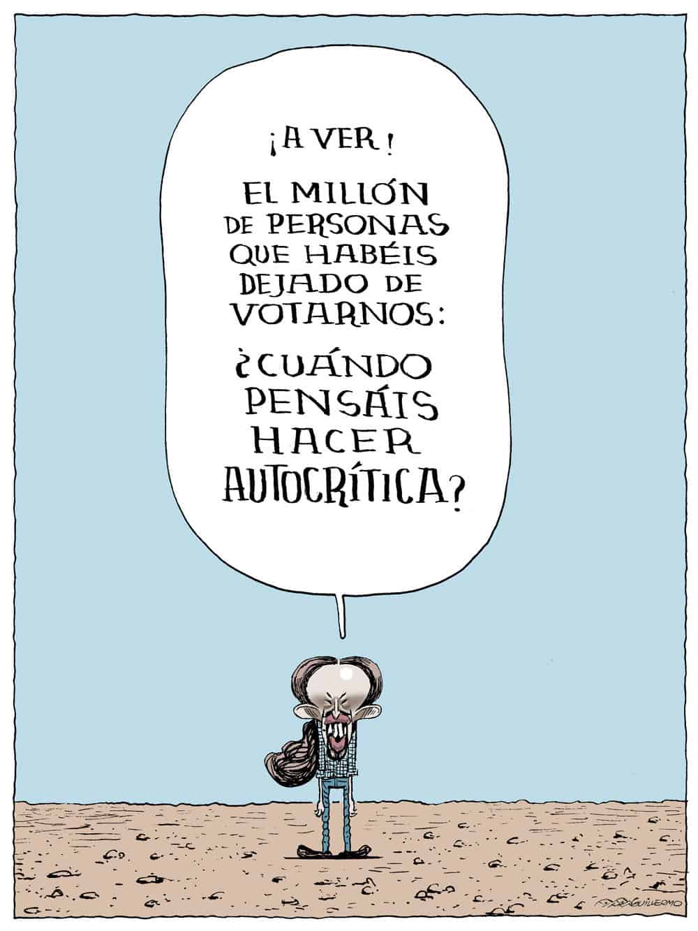 Pablo Iglesias y la autocrítica ante el desastre electoral de Podemos. Viñeta en el diario digital El Español.