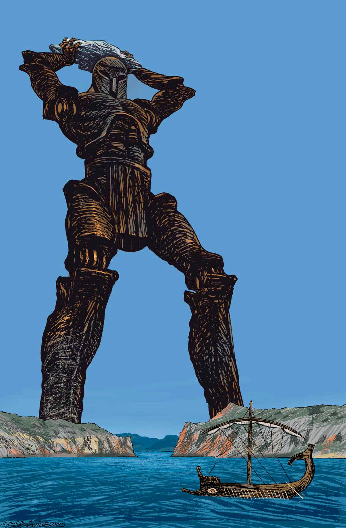 Talos, el autómata gigante de bronce guardián de la isla de Creta según la Mitología griega. Ilustración.