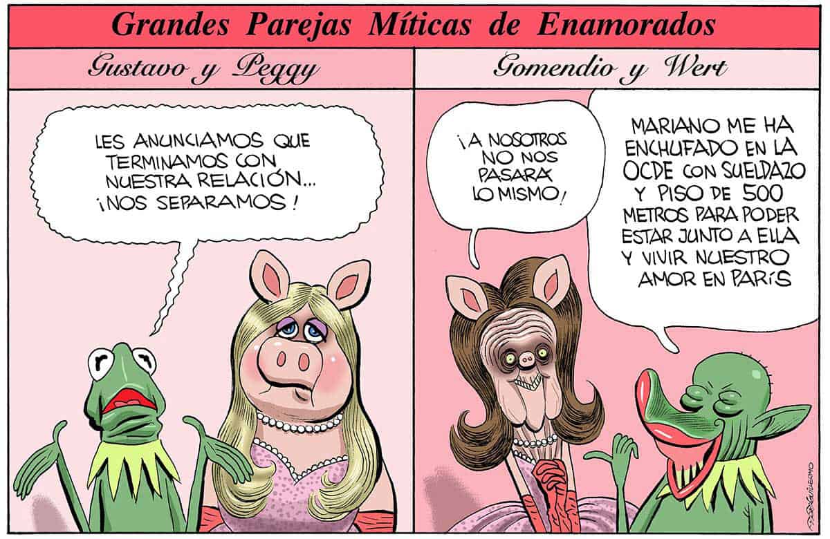 Grandes parejas de enamorados: Gustavo y Peggy y Gomendio y Wert. Viñeta editorial en el diario El Mundo.